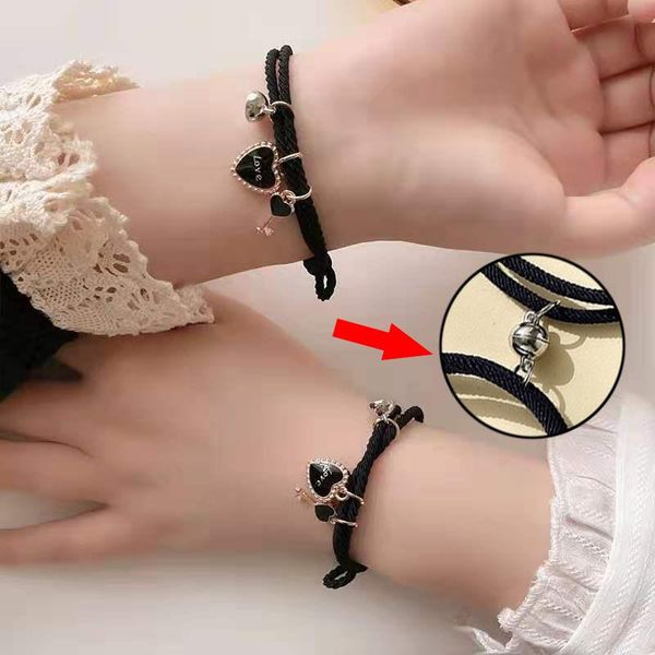 

charm bracelets 2pcs heart magnet attract couple bracelet lock key pendant lover adjustable braided rope bangle for women and men, Golden;silver
