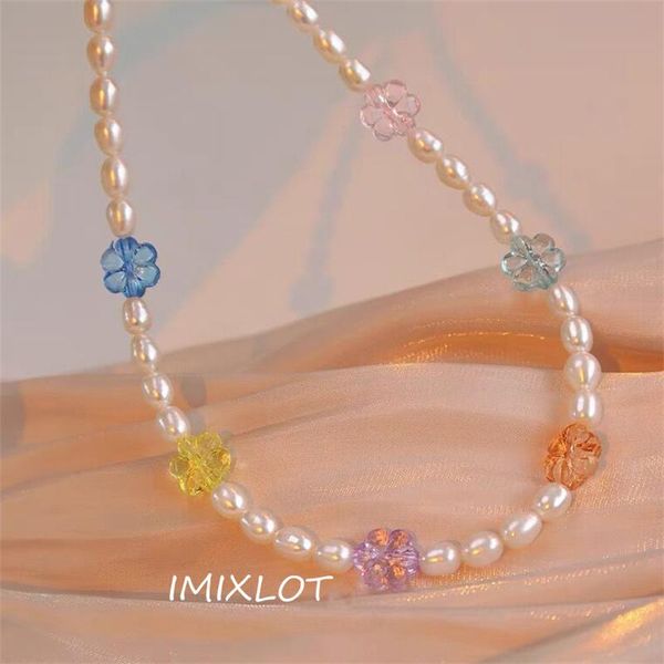 

chains 2021 kpop vintage choker pearl resin beaded boho colorful flower necklace for women vacation aesthetic jewelry gifts, Silver