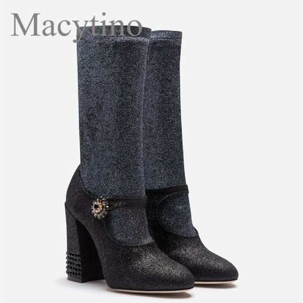 

boots desgner fashion black glittery ankle buckle sock block heel round toe winter stretch formal shoes women ltlf