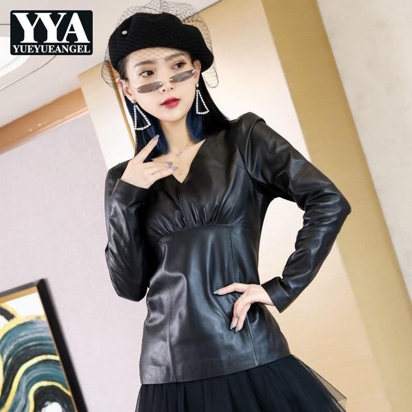 

women's t-shirt korean style womens short v-neck fashion knitted pullover sheepskin spliced slim genuine leather t-shirts, White