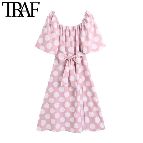 

women sweet fashion polka dot print midi dress vintage short sleeve front slit female dresses vestidos mujer 210507, Black;gray