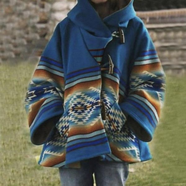 

women's wool & blends 2021 cross-border long-sleeved hooded coat printed horns buttoned woolen women, Black