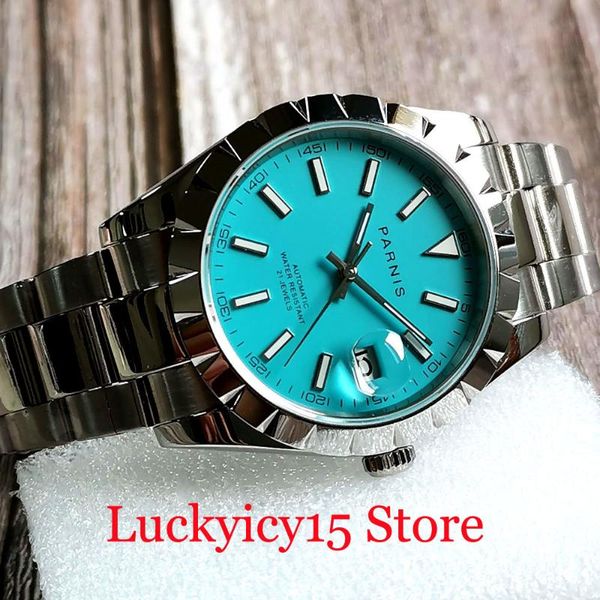 

blue dress men watch sapphire glass 21 jewels miyota 8215 oyster strap screw down crown wristwatches, Slivery;brown