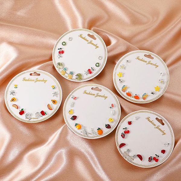 

stud 6 pairs/lot kids earring set for girls cute fruit animal ear studs sweet dripping oil strawberry cherry geometric jewelry, Golden;silver