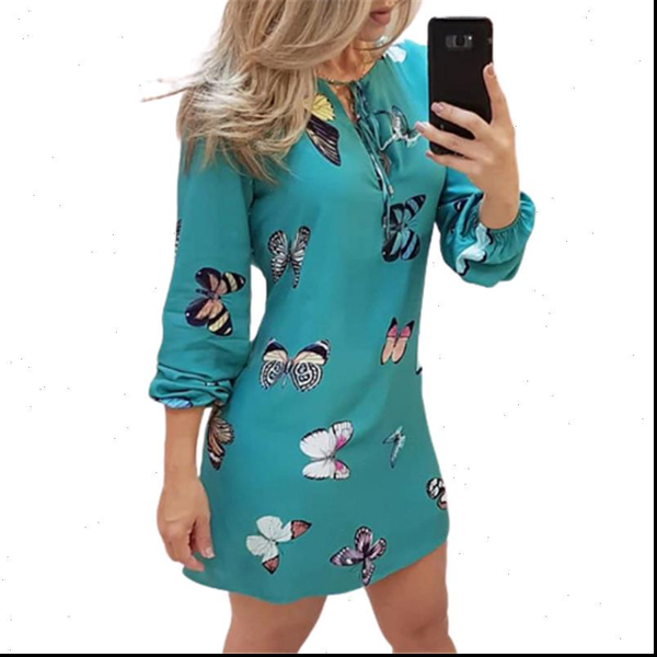 

sweet butterfly womens dress print women plus size fashion casual lantern sleeve v neck thin mini autumn vestidos, Black;gray