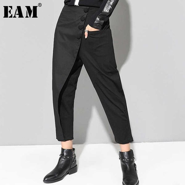 

[eam] spring black loose high waist flat elastic waist women fashion wide leg ankle-length pants oa870 210706, Black;white