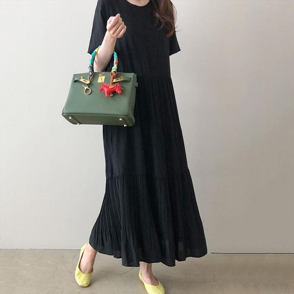 

black casual long maxi japan women dress young girl pullover loose office lady pleated design korean chiffon summer dresses, Black;gray