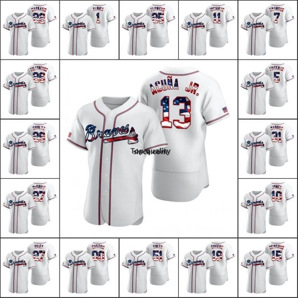 

2021 stars & stripes 4th atlantabraves mens 13 ronald acuna jr. #7 dansby swanson 5 freddie an custom women youth white baseball jersey, Blue;black