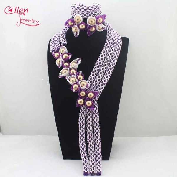 

earrings & necklace fabulous white/purple wedding african beads jewelry set nigerian beaded anniversary party l0067, Silver