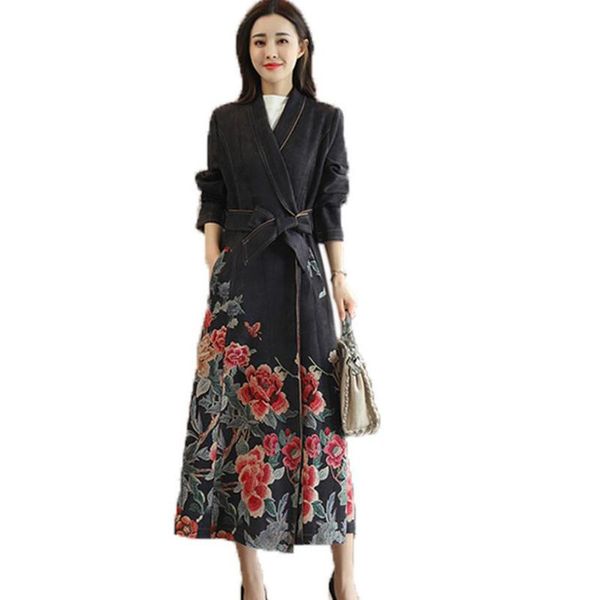 

women's trench coats women windbreaker deerskin suede vintage print 2021 autumn fashion long section coat plus size slim female, Tan;black