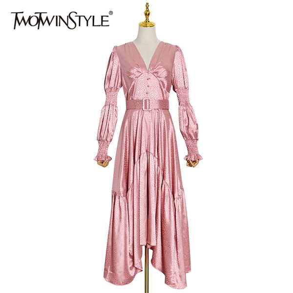 

elegant tunic pink dress for women v neck puff long sleeve high waist with sashes irregular hem maxi dresses female 210520, Black;gray