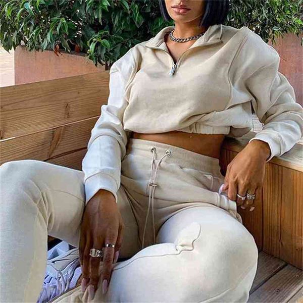 

2 piece club outfits solid drawstring elastic waist fashiloungewear women zipper pocket long sleeve two set 210513, White