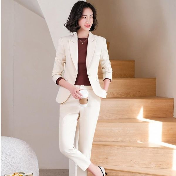 

women's two piece pants plus size 4xl fall women blazer and sets 2 pieces ol styles fashion pockets jacket coat formal professional tro, White