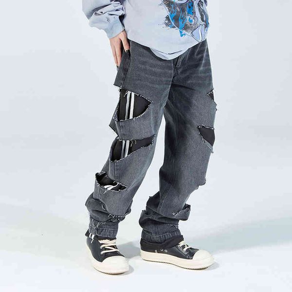 

men's jeans fake lateral hole sriped two washed brim pants parts of the men harajuku hip hop oversize casual couple denim streetwear 15, Blue