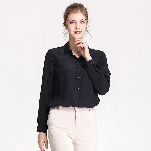 

100% pure silk women's shirts long sleeve loose double crepe lapel blouses &, White