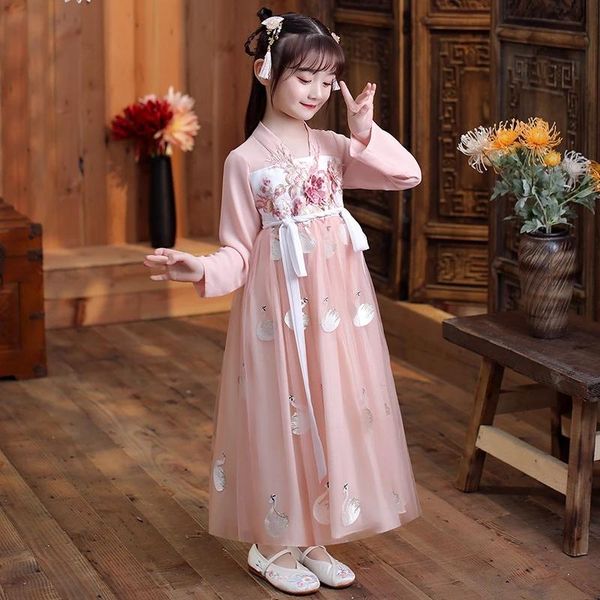 

little girl hanfu dress autumn clothes super fairy skirt girls' 2021 long-sleeved ancient costume children's tang suit ethnic clot, Red