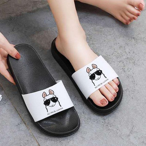 

slippers 2021 women kawaii alpaca print summer beach open toe flip flops animal pattern comfortable outdoor slides, Black