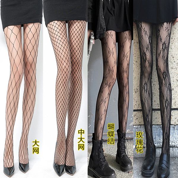 

fishnet rose lace pantyhose ins mh black thin bottomed silk stocking, Red;black