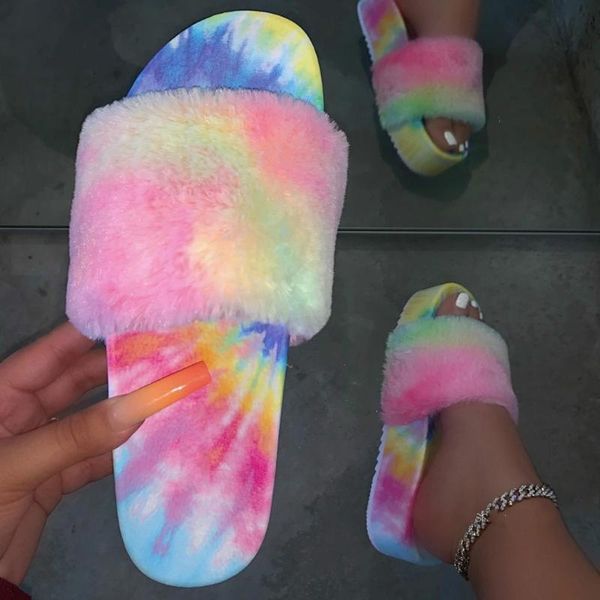 

women fur slides summer shoes home woman luxury furry slippers indoor female sandals fluffy rainbow plus size, Black