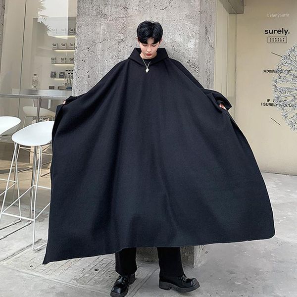 

men's trench coats hooded spring and autumn dark coat medium long windbreaker personality extra wide tweed oversize, Tan;black