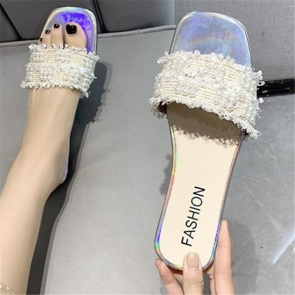 

large size sandals and slippers open-toed breathable student casual flat-bottomed decorative beads beach shoes, Black