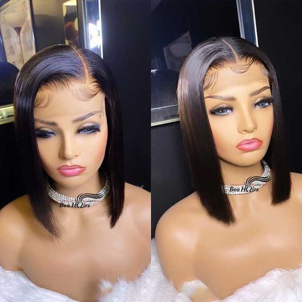

synthetic wigs middle part short cut bob silky straight preplucked natual black transparent lace front wig for women with baby hair