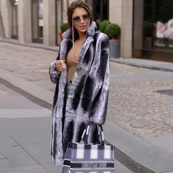 

women's fur & faux 2021 real rex coat turn-down collar women natural winter fashion overcoats genuine full pelt, Black