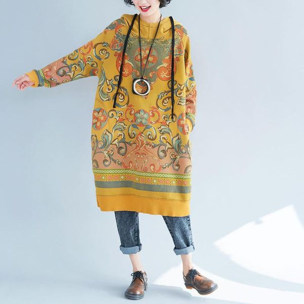 

casual dresses women's plus size sweater autumn retro printing mid-length hooded women old dress, Black;gray