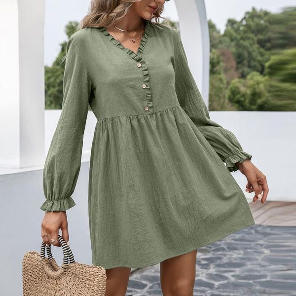 

casual dresses ruffle sleeve v-neck long solid color elegant dress women's autumn and winter vestido mujer, Black;gray