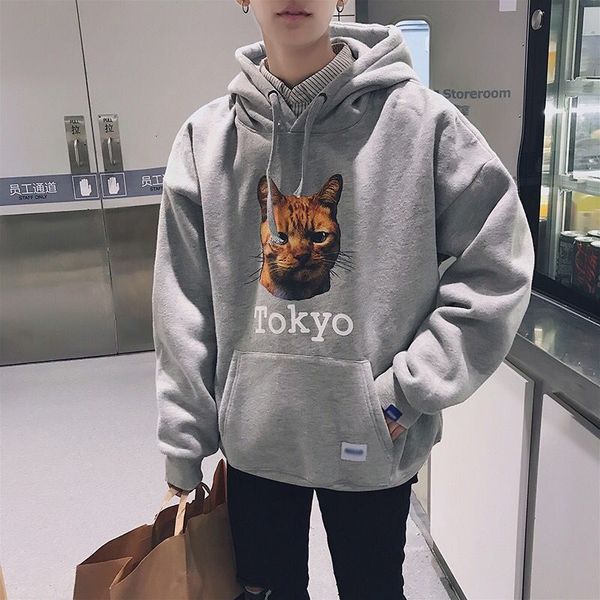 

men's hoodies & sweatshirts harajuku streetwear black hoodie loose casual cat male sweatshirt solid jkmg