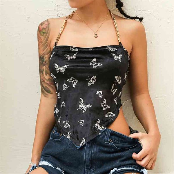 

halter velvet tank women patchwork chain crop backless cropped feminino streetwear sleeveless s tee summer 210607, White