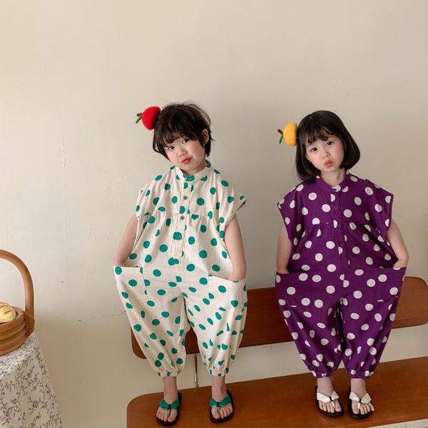 

summer kids ropmers baby girls boys casual loose dots soft cotton bodysuits 2-7 y children's korean lovely one-pieces jumpsuits, Blue