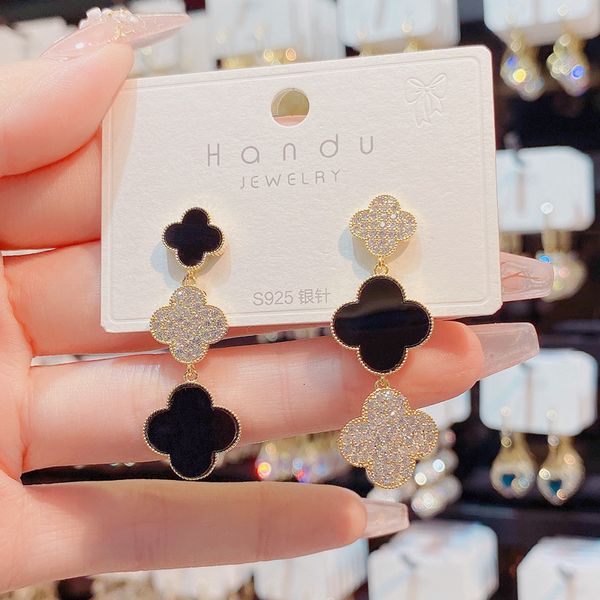 

dangle earrings korea dongdamen tidal zircon asymmetric four leaf flower tassel s925 silver needle temperament versatile