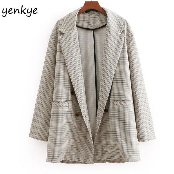 

women's suits & blazers european style women vintage plaid blazer feminino front double-breasted button notched collar long sleeve casu, White;black