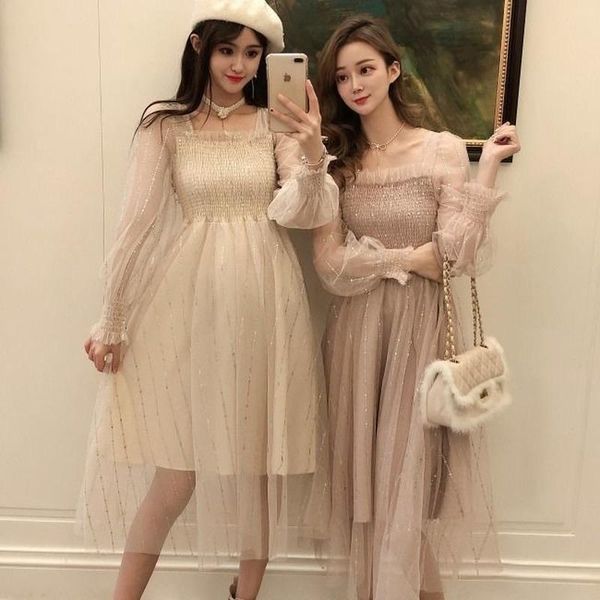 Casual Dresses QWEEK Fairy Mesh Kleid Frauen Sommer Strand Geraffte Puff Langarm Midi Squin Shiny Elegante Prom Party 2021