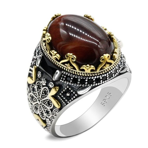 

cluster rings sterling silver tiger's eye for men 925 real natural oval brown stone vintage glod turkish jewelry women noble elder gift, Golden;silver