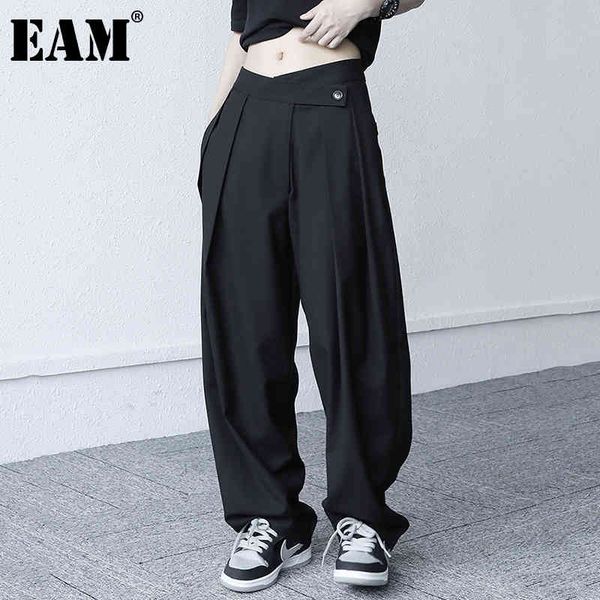 

[eam] high waist casual black big size pleated long trousers loose fit pants women fashion spring autumn 1dd6124 210512, Black;white