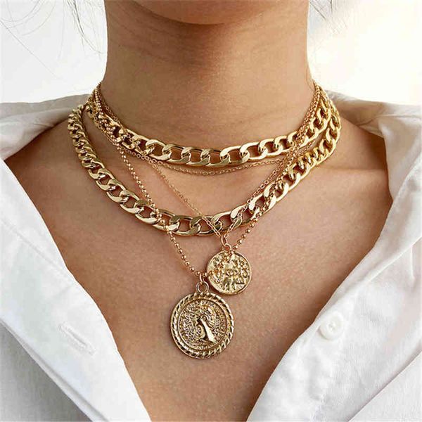 

punk gold portrait coin pendant necklace for women cuban multilayered chunky thick chain choker necklaces gothic fashion jewelry, Silver