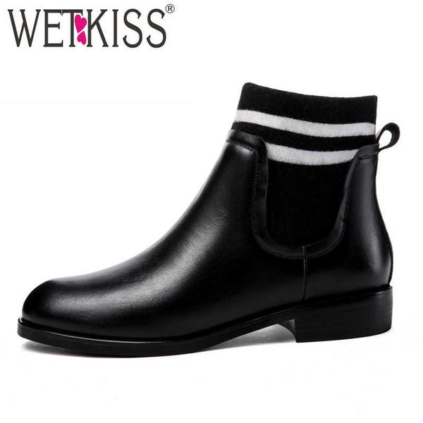 

wetkiss low heels leather women ankle boots round toe footwear sock female boots fashion stretch knitted shoes woman spring 210630, Black
