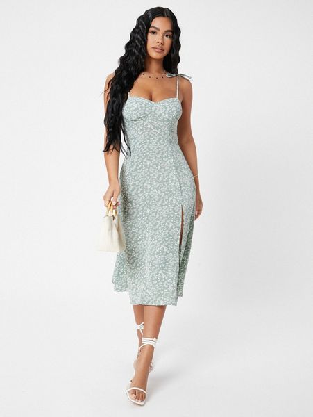 

petite shirred back split thigh ditsy floral cami dress 29dh#, Black;gray