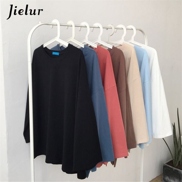 

jielur tshirt 7 solid color harajuku t shirt women flare sleeve basic korean femme long white t-shirt ropa mujer 210708