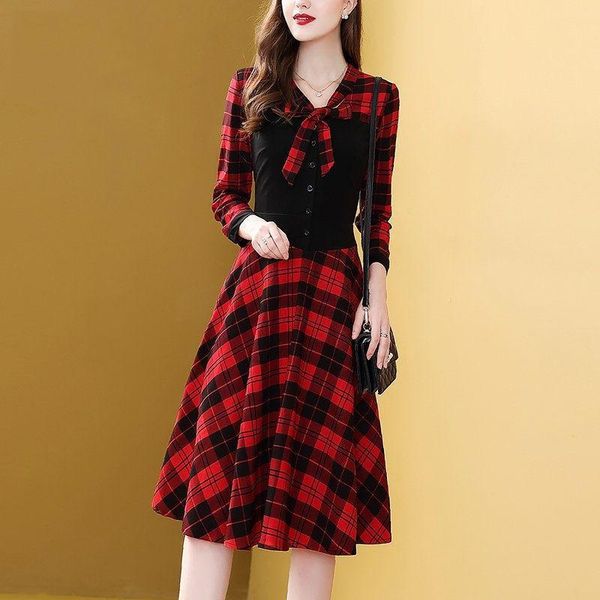 

casual dresses 2021 autumn spring women grid dress female long sleeve bow collar black white red plaid elegant lady office a-line, Black;gray