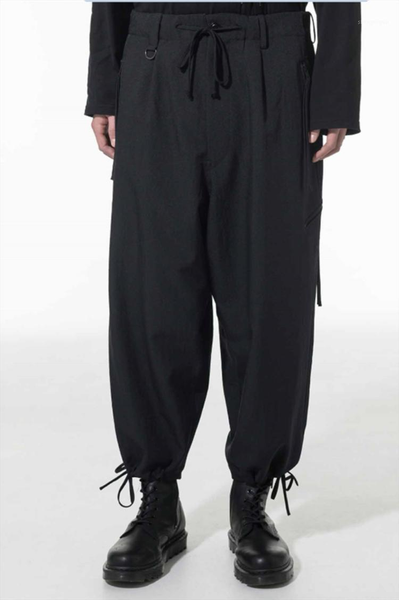 

men's pants the style of young middle waist nine minute fashion casual solid color cuff rope loose sports, Black