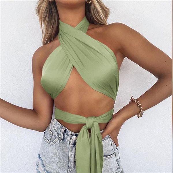 

halter satin women tanks crop bandage sleeveless backless tie up cropped clubwear party outfits holiday, White