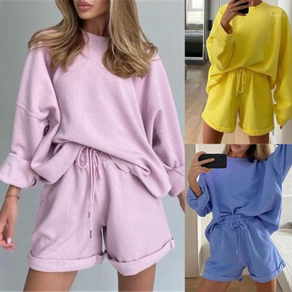 

women's tracksuits casual two piece set for women o neck lantern sleeve high waist lace up shorts loose female 2021 style, Gray