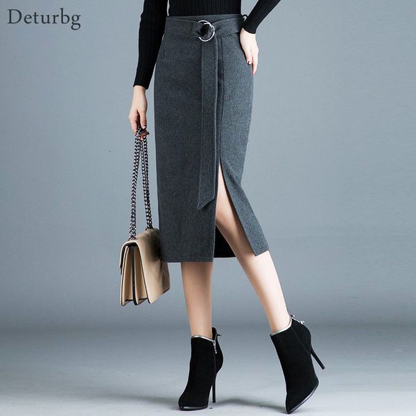 

casual dresses women elegant woolen pencil skirt with detachable belt female korean high waist warm office midi skirts winter sk44, Black;gray