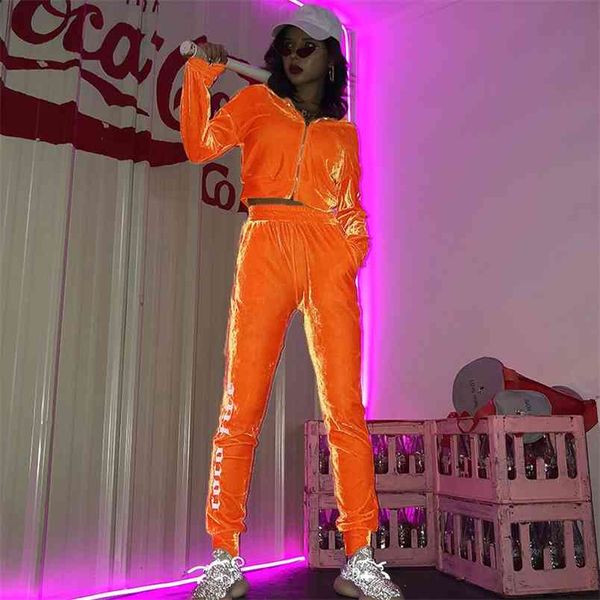 Hight Qualtiy Laranja / Azul / Preto Mulheres Quintas Veludo Dois Peça Tracksuit Moda Com Chotes De Manga Com Chotes + Calças Sprotwear Suits 210517