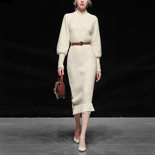 

casual dresses runway designers autumn winter long sweater women elegant lantern sleeve party robe femme vestidos, Black;gray