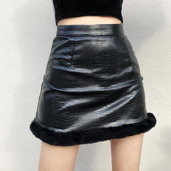 

skirts women fashion solid color faux leather plush patchwork zipper party mini skirt, Black