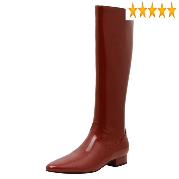 

boots red patent long womens shoes pointed toe party knee high winter fashion genuine leather knight female, Black